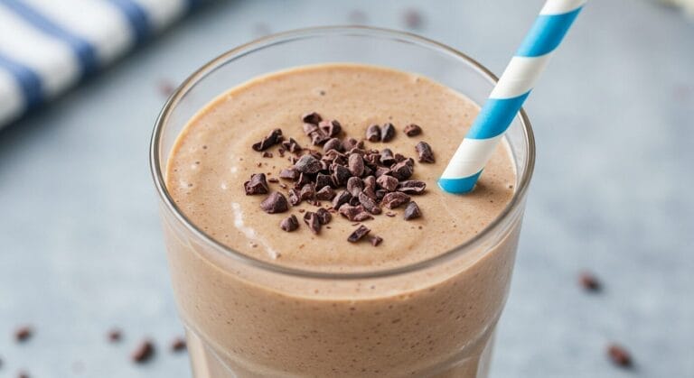 Stunning hero shot of a creamy, light brown Malted Chocolate Cauliflower Smoothie in a glass, topped generously with dark brown cacao nibs, with a blue and white striped straw, against a softly lit, textured background.