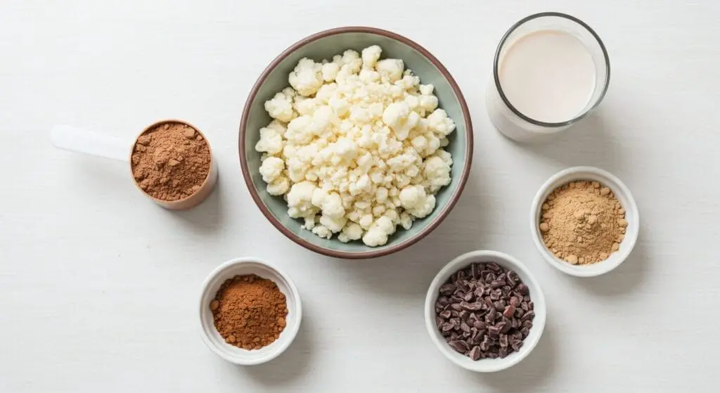 Close-up of frozen riced cauliflower and chocolate protein powder being added to a blender with almond milk for the Malted Chocolate Cauliflower Smoothie recipe.
