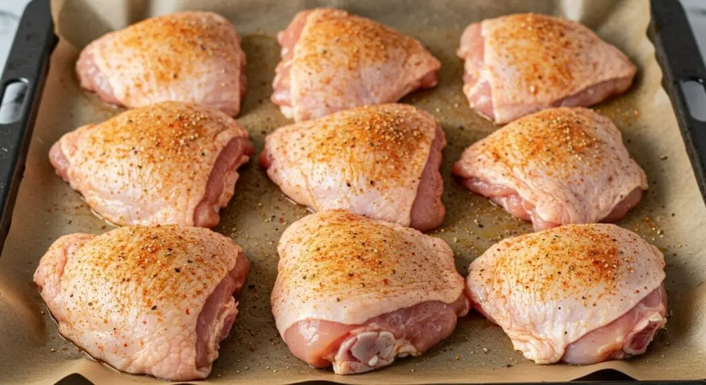 Raw, skin-on chicken thighs on a parchment-lined baking sheet, generously seasoned with a reddish-brown spice rub, ready for the oven for the Easy Oven Baked Chicken Thighs recipe.