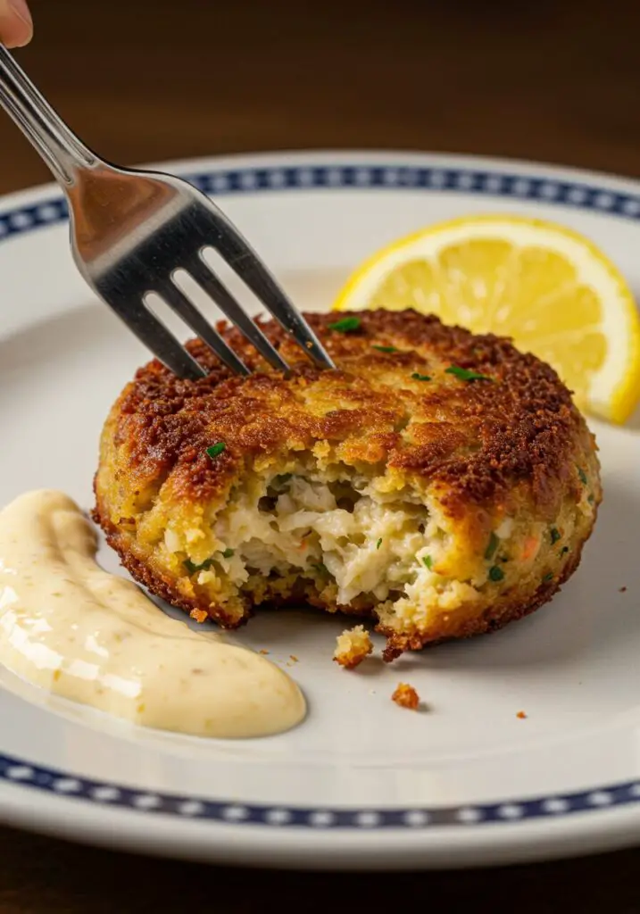 Close-up of a single, perfectly cooked Maryland Style Crab Cake on a plate, with a fork having taken a bite out, revealing the flaky, crab-filled interior. Served with a dollop of remoulade sauce and a lemon wedge. Attractive plating. Emotion: Tempting, delicious interior, perfect bite.