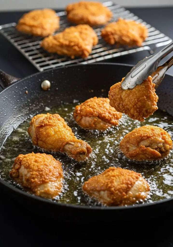 Shallow frying bite-sized chicken pieces until golden brown and crispy for Bang Bang Chicken.