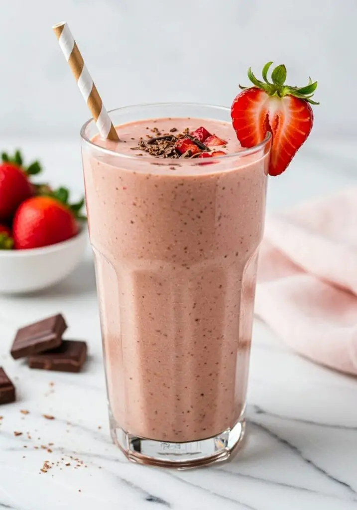 The Ultimate Chocolate Strawberry Protein Smoothie recipe, a healthy and delicious homemade drink, beautifully garnished.