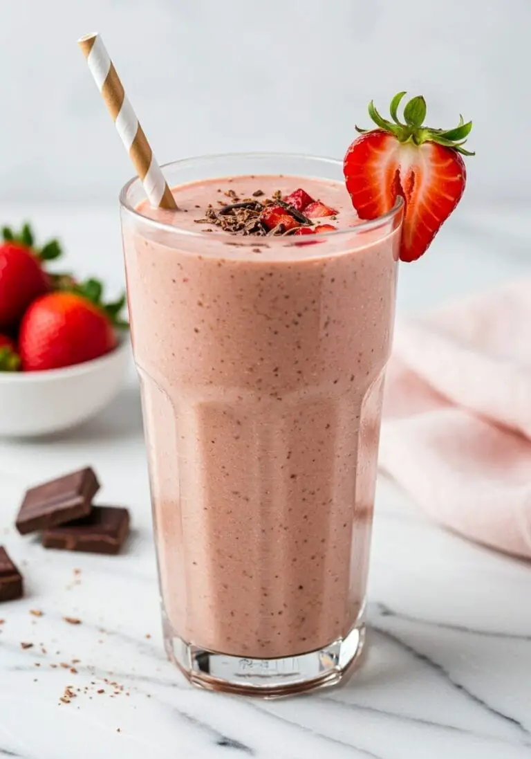 The Ultimate Chocolate Strawberry Protein Smoothie recipe, a healthy and delicious homemade drink, beautifully garnished.