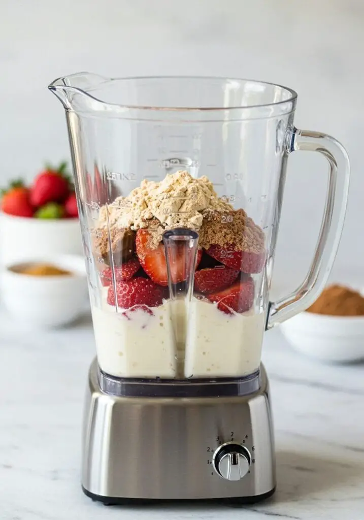 Healthy ingredients for the Chocolate Strawberry Protein Smoothie recipe carefully layered in a blender pitcher, ready for blending.
