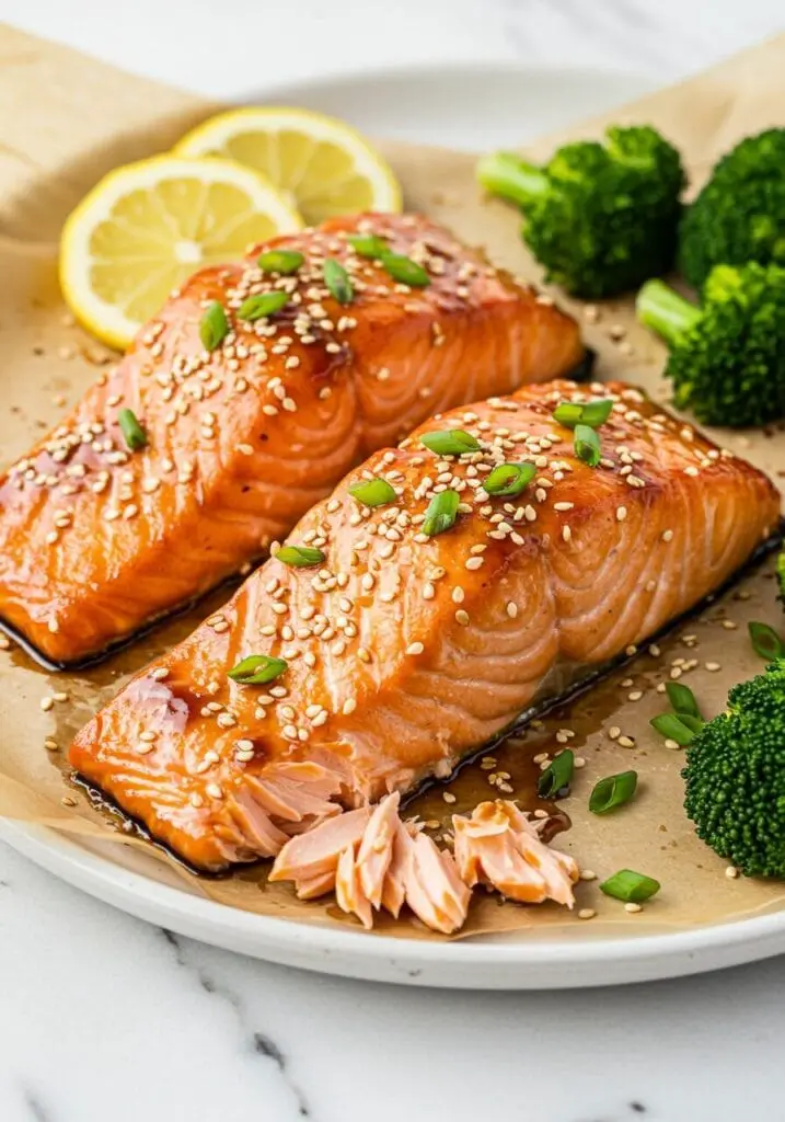 Perfectly baked teriyaki salmon recipe fillets glistening with homemade glaze, garnished with sesame seeds and scallions.