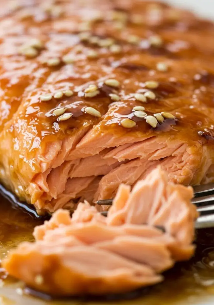 Close-up of a flaky baked teriyaki salmon fillet showing its moist interior and shiny glaze.
