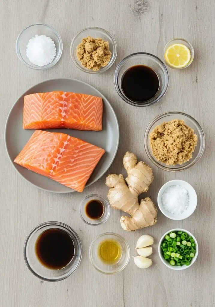 Ingredients for easy Baked Teriyaki Salmon recipe, including salmon fillets, soy sauce, mirin, ginger, garlic, and brown sugar.