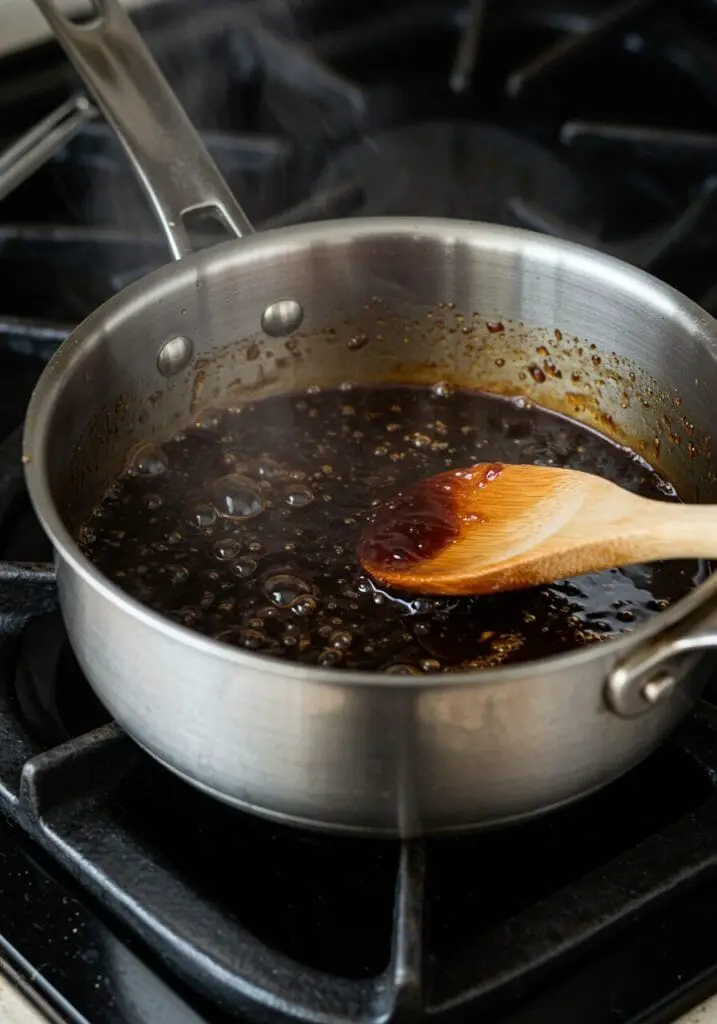 Homemade teriyaki sauce simmering in a saucepan on the stovetop.