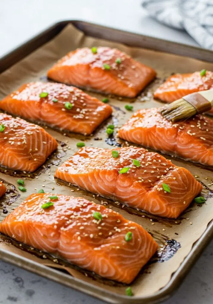 Salmon fillets glazed with homemade teriyaki sauce on a baking sheet, ready for the oven.