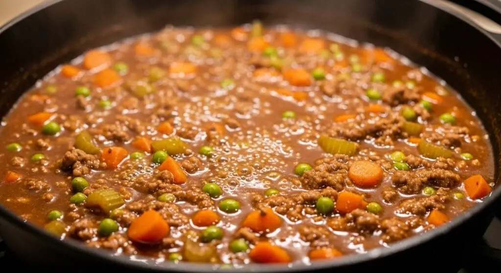 Rich, savory shepherd's pie filling (ground meat, carrots, peas, celery in gravy) simmering in a skillet, ready to be stuffed into baked potatoes for the Shepherd’s Pie Baked Potato recipe.