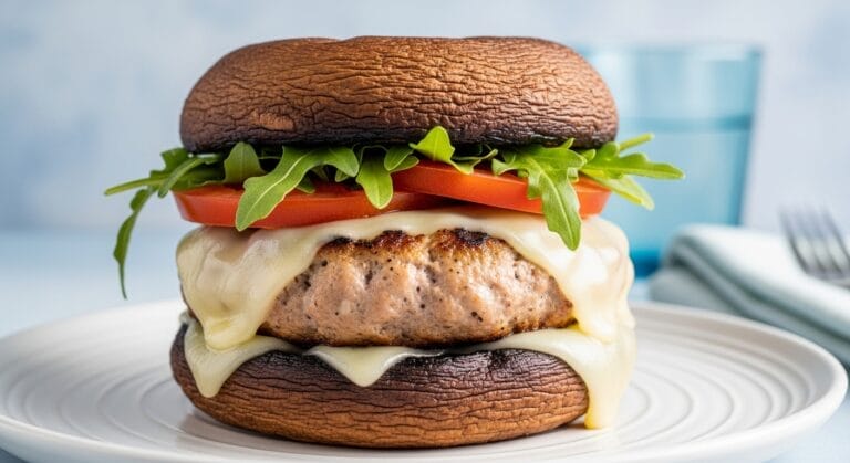 Stunning hero shot of a Mushroom-Swiss Turkey Burger, featuring a juicy turkey patty with melted Swiss cheese, tomato, and arugula, served between two large, grilled portobello mushroom caps as buns, on a modern plate
