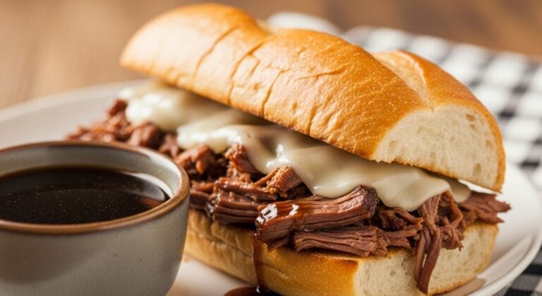 Stunning hero shot of a Slow Cooker French Dip Sandwich, with a crusty roll generously filled with tender shredded beef, provolone cheese melted on top, and a small ramekin of dark, rich au jus for dipping on the side. Rustic, comforting setting.