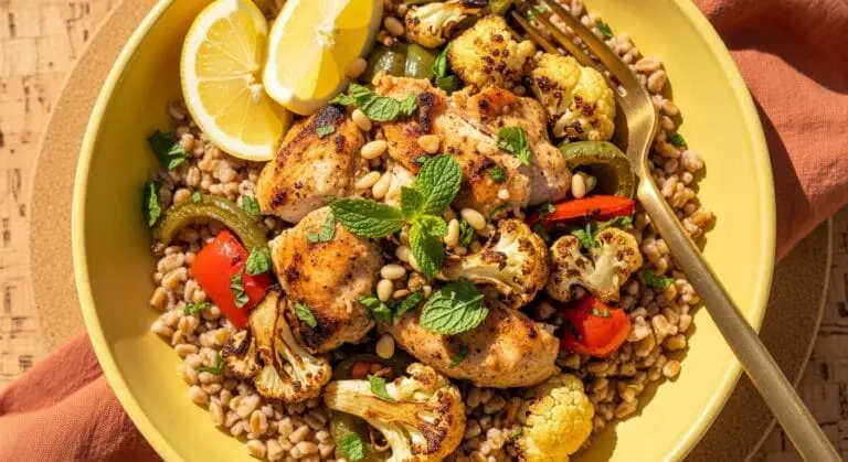 Stunning hero shot of a vibrant Grilled Chicken and Farro Bowl in a cheerful yellow bowl, showcasing grilled chicken pieces, nutty farro, roasted cauliflower and bell peppers, garnished with fresh mint, pine nuts, and a lemon wedge