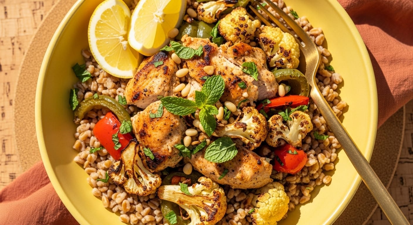 Stunning hero shot of a vibrant Grilled Chicken and Farro Bowl in a cheerful yellow bowl, showcasing grilled chicken pieces, nutty farro, roasted cauliflower and bell peppers, garnished with fresh mint, pine nuts, and a lemon wedge