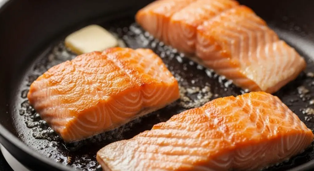 Perfectly pan-seared salmon fillets, skin-side down getting crispy, or just flipped showing a golden crust, in a skillet, ready for the Marry Me Salmon recipe sauce.