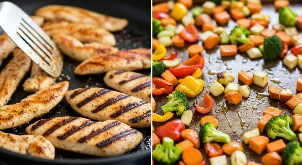 A colorful medley of roasted vegetables (broccoli, sweet potato, bell peppers) on a baking sheet, alongside cooked, seasoned chicken pieces, ready for the Peanut Chicken Protein Bowl recipe.