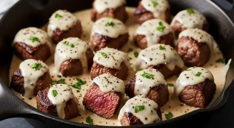 Stunning hero shot of Garlic Butter Steak Bites in a dark skillet or serving dish, generously coated in a creamy Parmesan sauce, garnished with fresh parsley and cracked black pepper. Some steak bites show a juicy pink interior.