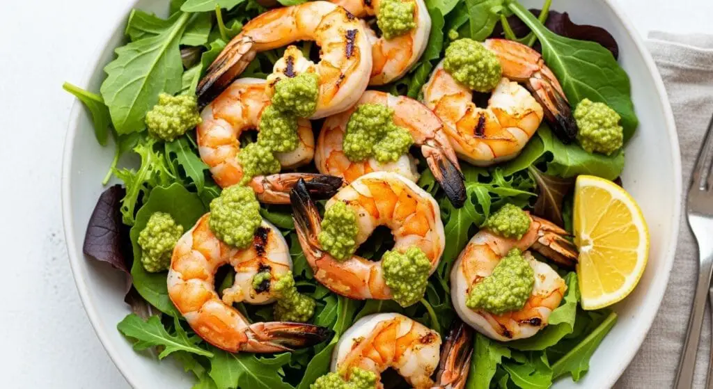 Stunning hero shot of a plate with grilled shrimp generously topped with vibrant green walnut pesto, served on a bed of mixed greens, with a lemon wedge on the side. Bright, summery lighting.