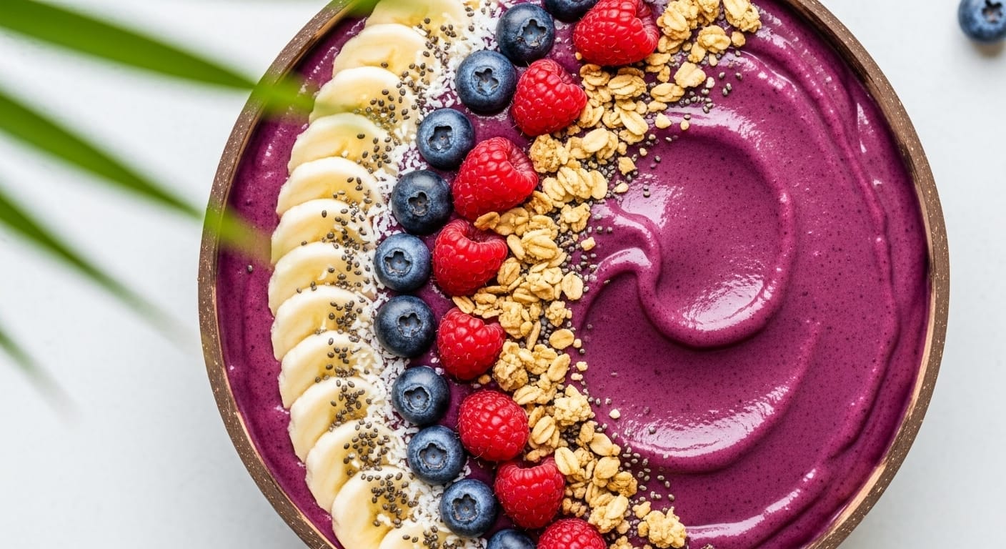 Stunning hero shot of a vibrant, deep purple Acai Coconut Smoothie Bowl in a stylish bowl, artfully topped with sliced banana, fresh berries (blueberries, raspberries), granola, shredded coconut, and perhaps a drizzle of honey or nut butter.