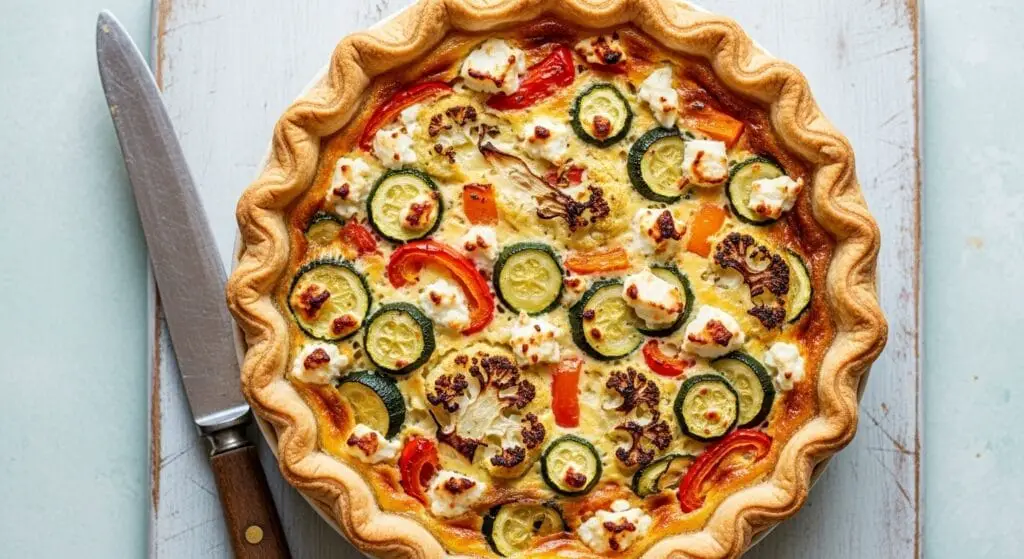 Stunning hero shot of a whole Roasted Summer Vegetable and Feta Quiche on a rustic wooden cutting board, showcasing a golden-brown flaky crust and a colorful filling of roasted vegetables and feta cheese, with a vintage knife beside it