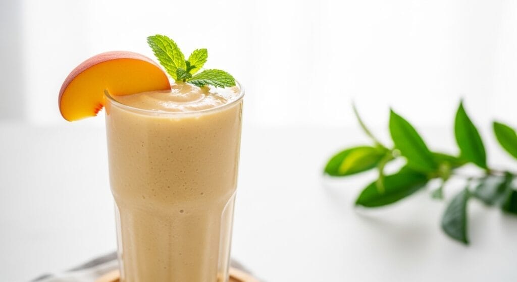 Stunning hero shot of a creamy, light peach-orange Green Tea Infused Peach Smoothie in a tall glass, garnished with a fresh peach slice and a mint sprig. Bright, summery lighting, perhaps with a subtle tea-themed background element.