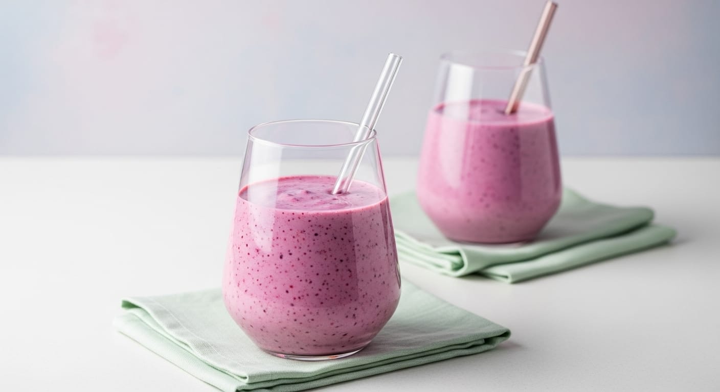 Stunning hero shot of a creamy, vibrant purple or pink Yogurt Smoothie with Berries in a tall glass or stainless steel tumbler, garnished with a few fresh mixed berries and a mint sprig. Bright, clean, refreshing lighting.
