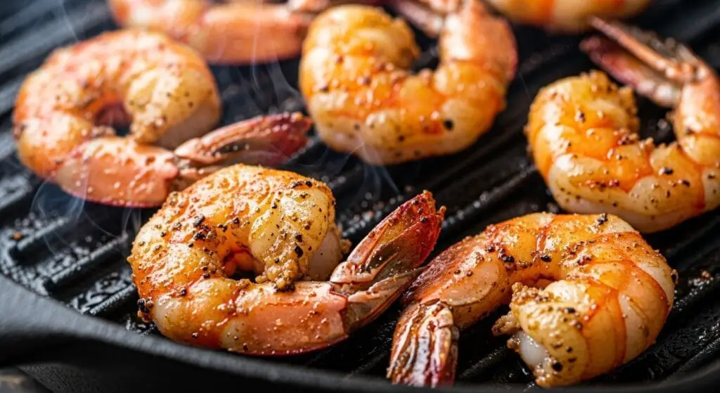 Perfectly blackened shrimp sizzling in a hot cast-iron skillet, showing a dark, spicy crust, for the Blackened Shrimp Bowl recipe.