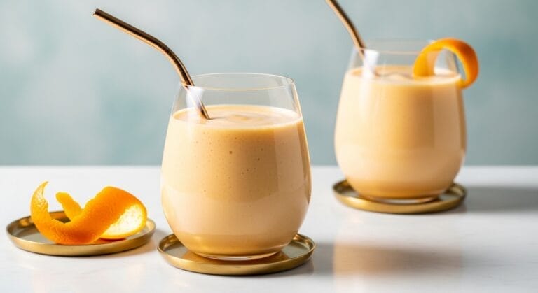 Stunning hero shot of a vibrant, creamy orange-yellow Tropical Creamsicle Smoothie in a tall glass, garnished with an orange slice and perhaps a pineapple leaf or mint sprig. Bright, sunny lighting, with a subtle tropical background.