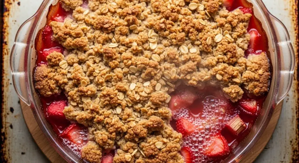 Stunning hero shot of a freshly baked Rhubarb and Strawberry Crisp in a glass or ceramic pie dish, showcasing a bubbly, vibrant red fruit filling peeking through a golden-brown, crumbly oat topping. A scoop of vanilla ice cream might be melting alongside or on top.