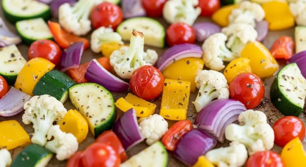 A colorful medley of chopped summer vegetables (zucchini, bell peppers, red onion, cherry tomatoes) tossed with olive oil and herbs on a baking sheet, partially roasted and showing some caramelization, for the Roasted Vegetable and Feta Quiche recipe.