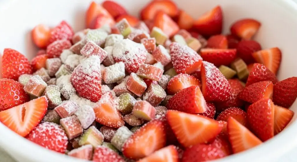 A large bowl filled with sliced fresh strawberries and rhubarb, tossed with sugar and flour, looking juicy and ready for the crisp topping, for the Rhubarb and Strawberry Crisp recipe