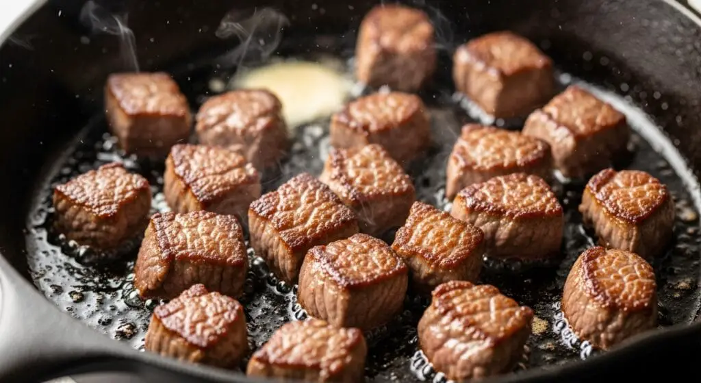 Perfectly seared, golden-brown steak bites in a cast-iron skillet, some showing a juicy pink interior, for the Garlic Butter Steak Bites recipe.
