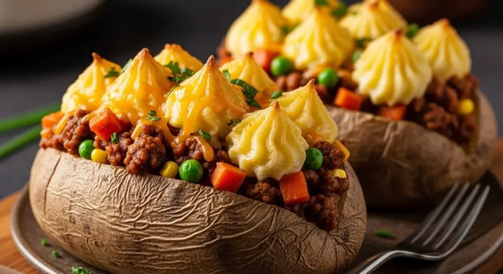 Stunning hero shot of a large baked potato, split open and generously filled with savory shepherd's pie filling (ground meat and vegetables in gravy), possibly topped with melted cheese or a swirl of mashed potato, garnished with fresh parsley.