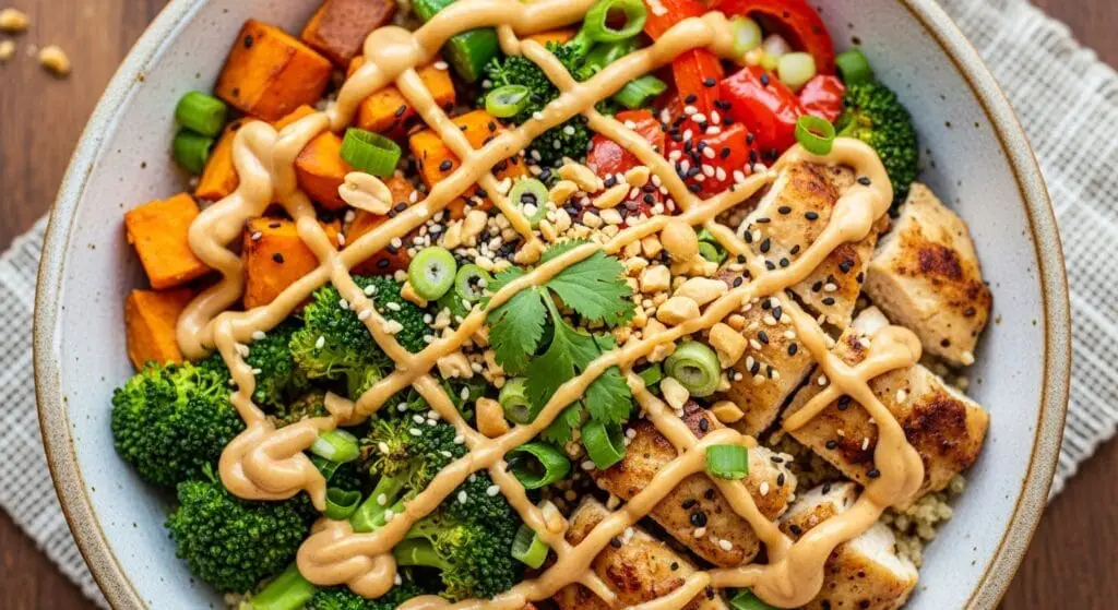 Stunning hero shot of a Peanut Chicken Protein Bowl, showcasing grilled or roasted chicken pieces, colorful roasted vegetables (like broccoli, carrots, bell peppers), perhaps a grain like quinoa or brown rice, all generously drizzled with a creamy peanut butter dressing and garnished with chopped peanuts and cilantro.