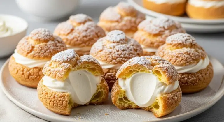 Stunning hero shot of several golden-brown, perfectly puffed Cream Puffs arranged on a platter, some split open or with a bite taken to show a generous filling of creamy white pastry cream or whipped cream, lightly dusted with powdered sugar.