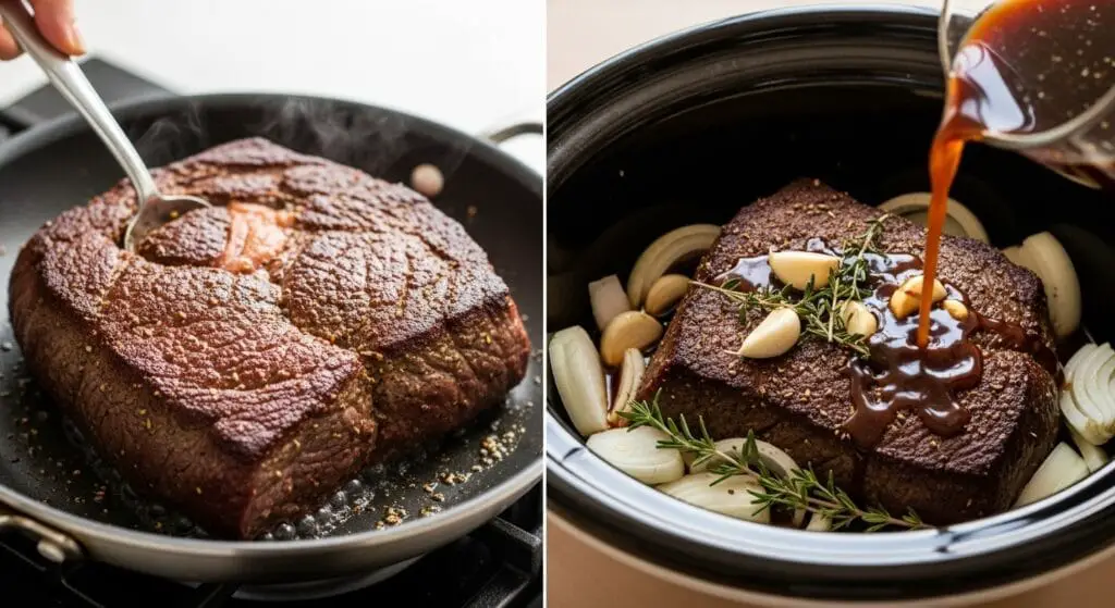 A beef chuck roast and sliced onions in a slow cooker insert, with beef broth and seasonings being poured over, ready for slow cooking the French Dip Sandwiches.