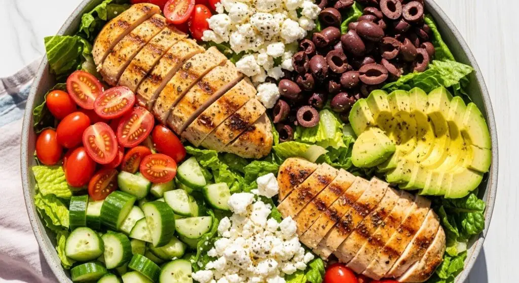 Stunning hero shot of a large Grilled Chicken Salad in a serving bowl, showcasing grilled chicken slices, cucumber, tomato, feta, olives, and avocado on a bed of mixed greens, with a light vinaigrette. Bright, summery lighting.
