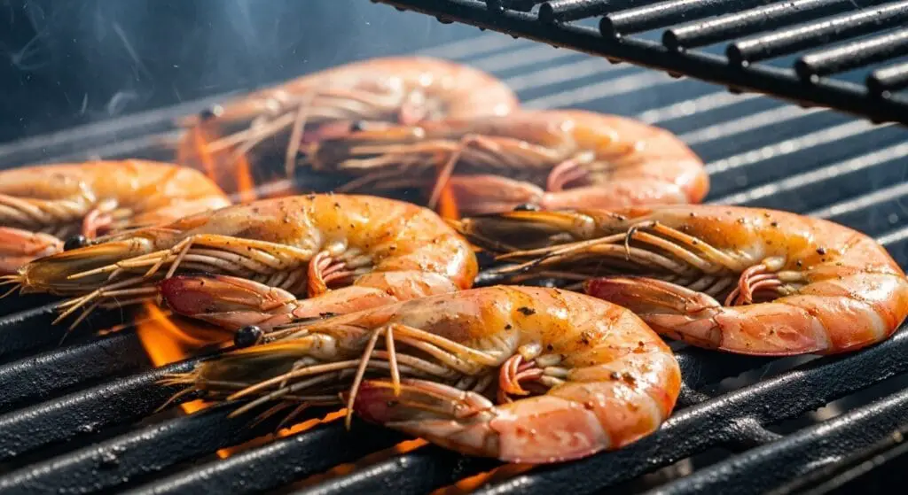 Plump, seasoned shrimp being grilled on skewers or directly on grill grates, showing beautiful char marks, for the Grilled Shrimp with Walnut Pesto recipe.