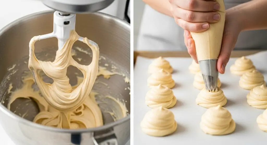 Thick choux pastry dough being stirred vigorously in a saucepan, pulling away from the sides to form a ball, a key step in the Cream Puff recipe.