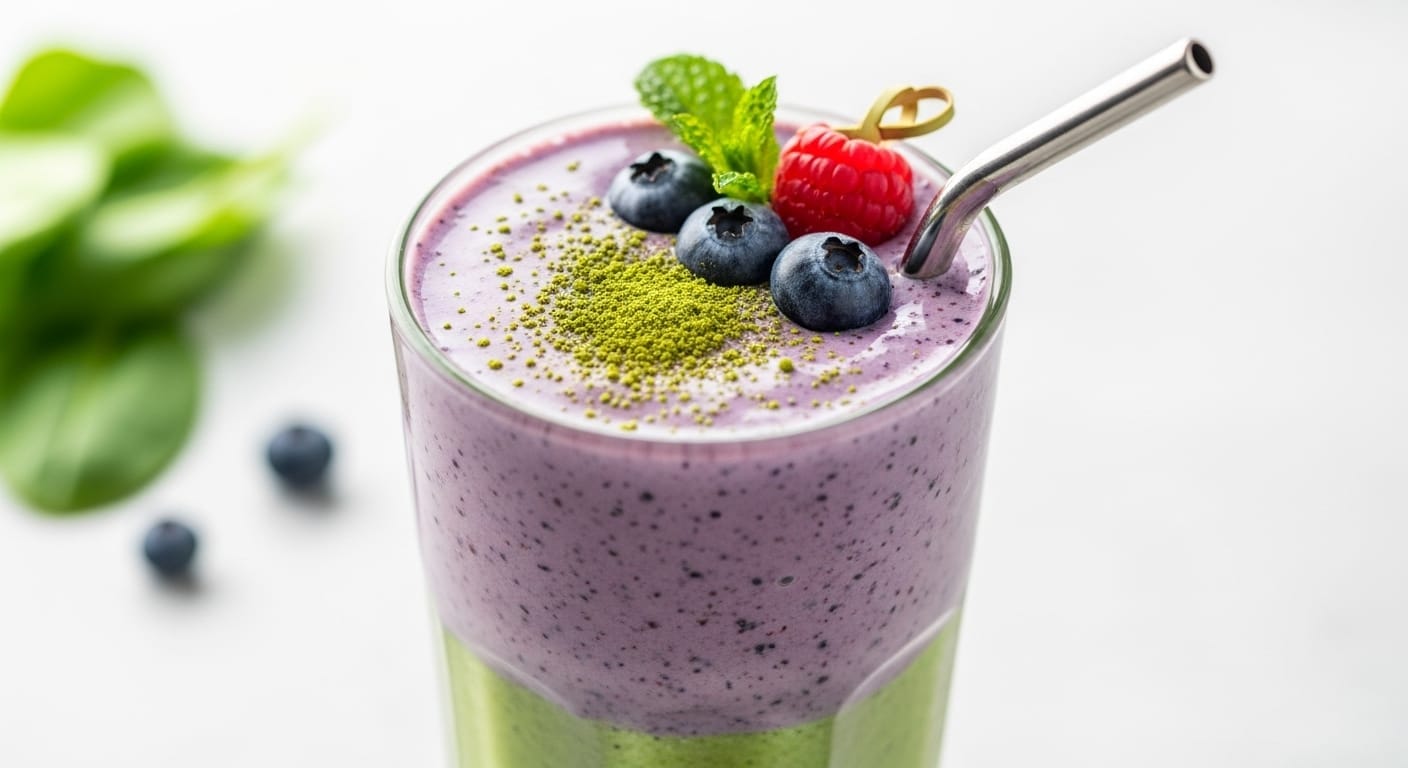 Stunning hero shot of a vibrant Berry Matcha Smoothie in a tall glass, possibly a layered look with a slightly greener matcha hue and a purplish berry hue, or well-blended. Garnished with fresh blueberries, a mint sprig, and a light dusting of matcha powder.