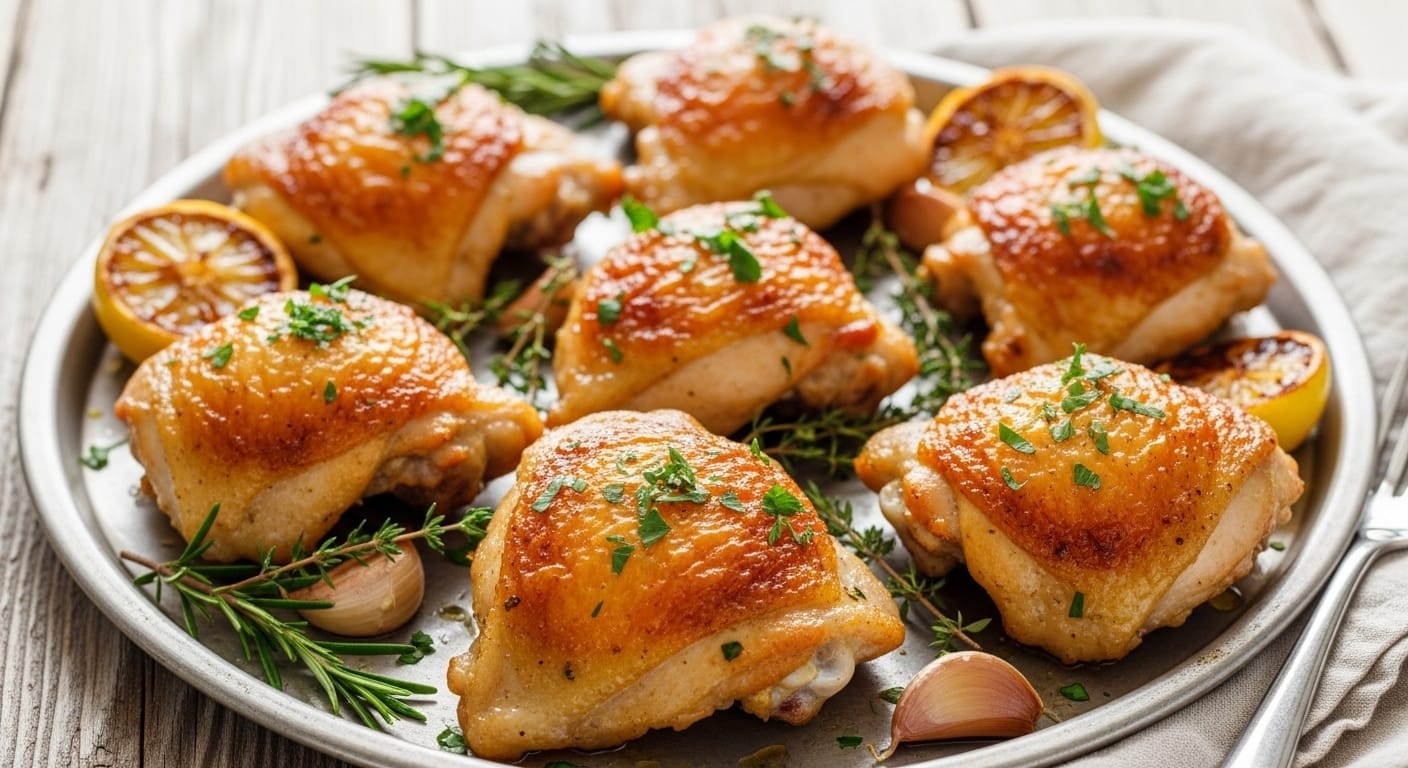 Stunning hero shot of several golden-brown, crispy-skin Easy Oven Baked Chicken Thighs arranged on a rustic baking sheet or platter, garnished with fresh herbs like rosemary or thyme, and perhaps some roasted garlic cloves alongside.