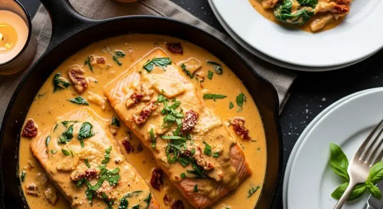 Stunning hero shot of two perfectly cooked salmon fillets in a skillet or on plates, generously coated in a creamy, light-orange or beige "Marry Me" sauce with visible sun-dried tomatoes and herbs, garnished with fresh parsley.