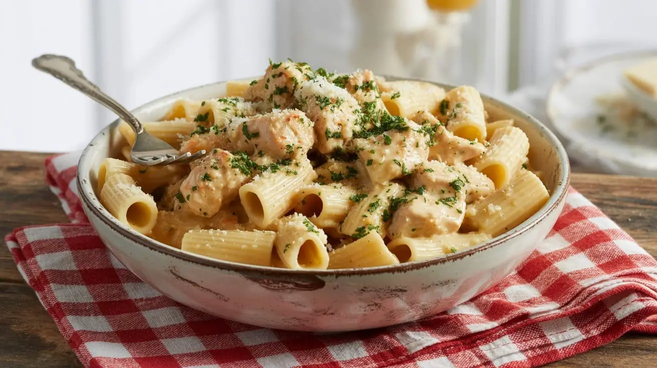 Hero shot of a rustic bowl filled with Garlic Butter Chicken Rigatoni, showcasing pasta and chicken coated in a creamy, glossy sauce, generously sprinkled with fresh parsley and grated Parmesan cheese. A fork is resting in the bowl.
