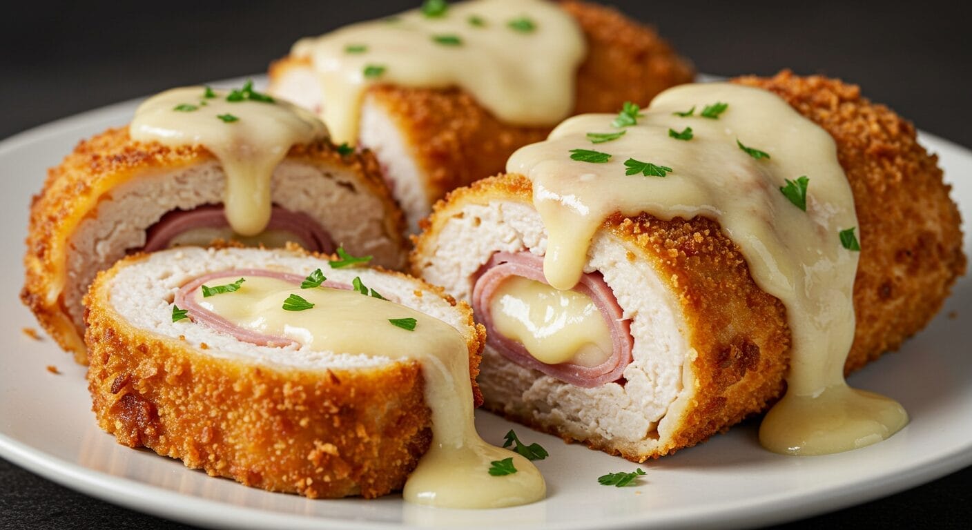 Stunning hero shot of sliced Chicken Cordon Bleu on a plate, showcasing the layers of crispy panko crust, tender chicken, ham, and melted Swiss cheese, generously napped with a creamy Swiss cheese sauce and garnished with fresh parsley