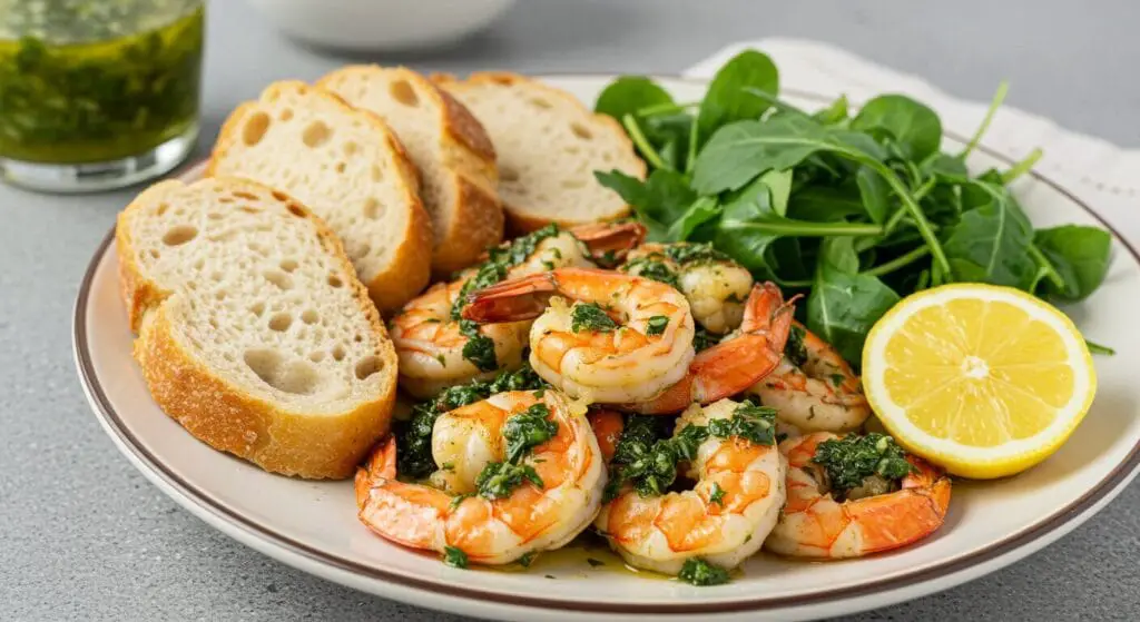 Stunning hero shot of One-Pan Chimichurri Shrimp sizzling in a rustic metal skillet, with plump shrimp generously topped with vibrant green chimichurri sauce, lemon wedges, and a hand dipping a piece of crusty bread into the pan juices