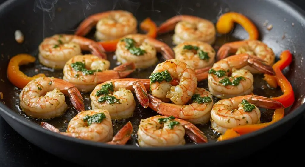 Plump, cumin-coriander marinated shrimp sizzling in a hot skillet, developing a beautiful sear, for the One-Pan Chimichurri Shrimp recipe.