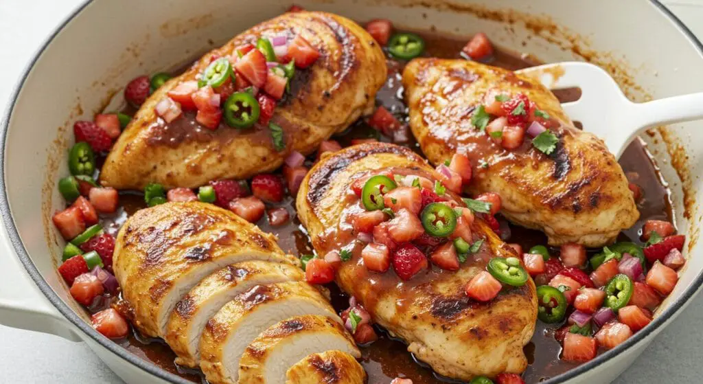 Stunning hero shot of pan-seared and sliced Strawberry Jalapeño Chicken in a light-colored skillet or serving dish, showcasing golden chicken topped with a vibrant fresh strawberry-jalapeño salsa and a glossy strawberry chipotle sauce