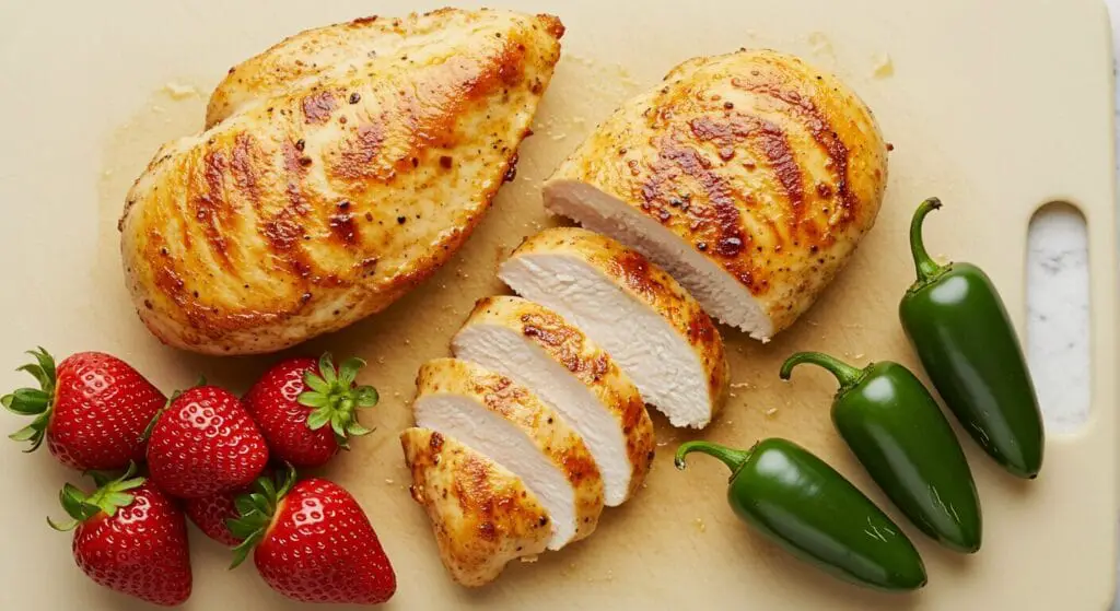 Golden-brown pan-seared chicken breasts resting on a cutting board, ready to be sliced for the Strawberry Jalapeño Chicken recipe, with some fresh strawberries and jalapeños nearby