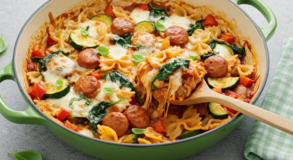 Stunning hero shot of a Summer Bowtie Pasta & Chicken Sausage Skillet Bake in a large, possibly green enamel, cast-iron skillet or Dutch oven, showcasing bowtie pasta, marinara sauce, chicken sausage slices, zucchini, bell pepper, spinach, and melted mozzarella cheese, garnished with fresh basil
