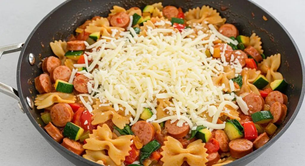 A large oven-safe skillet filled with the assembled Summer Bowtie Pasta Chicken Sausage Skillet recipe before baking: bowtie pasta, marinara sauce, chicken sausage slices, zucchini, bell pepper, and spinach, topped with a generous layer of shredded mozzarella cheese.